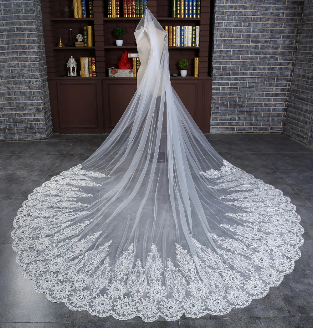 2018 New 3.5M One Layer Lace Edge White Ivory Cathedral Wedding Veil Long Bridal Veil Cheap Wedding Accessories Veu de Noiva