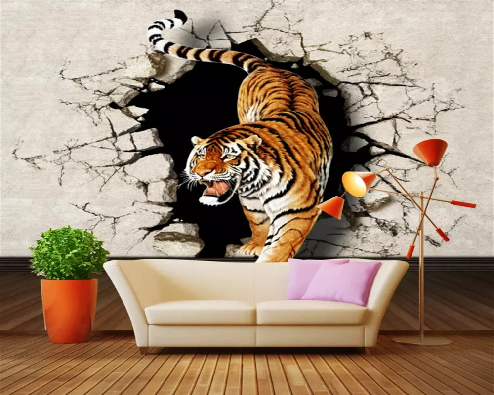 

beibehang Custom fashion stereo wall paper 3D stereo tiger broken painting TV background papel de parede 3d wallpaper tapety