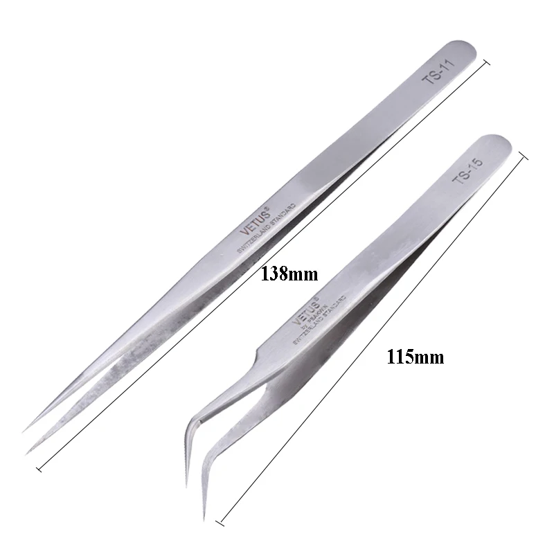 Edelstahl Präzision Pinzette Pincet Pinzas VETUS TS-11 TS-15 Gekrümmte Gerade Spitze Pinzette Reparatur Handwerkzeuge Set – Detail 4