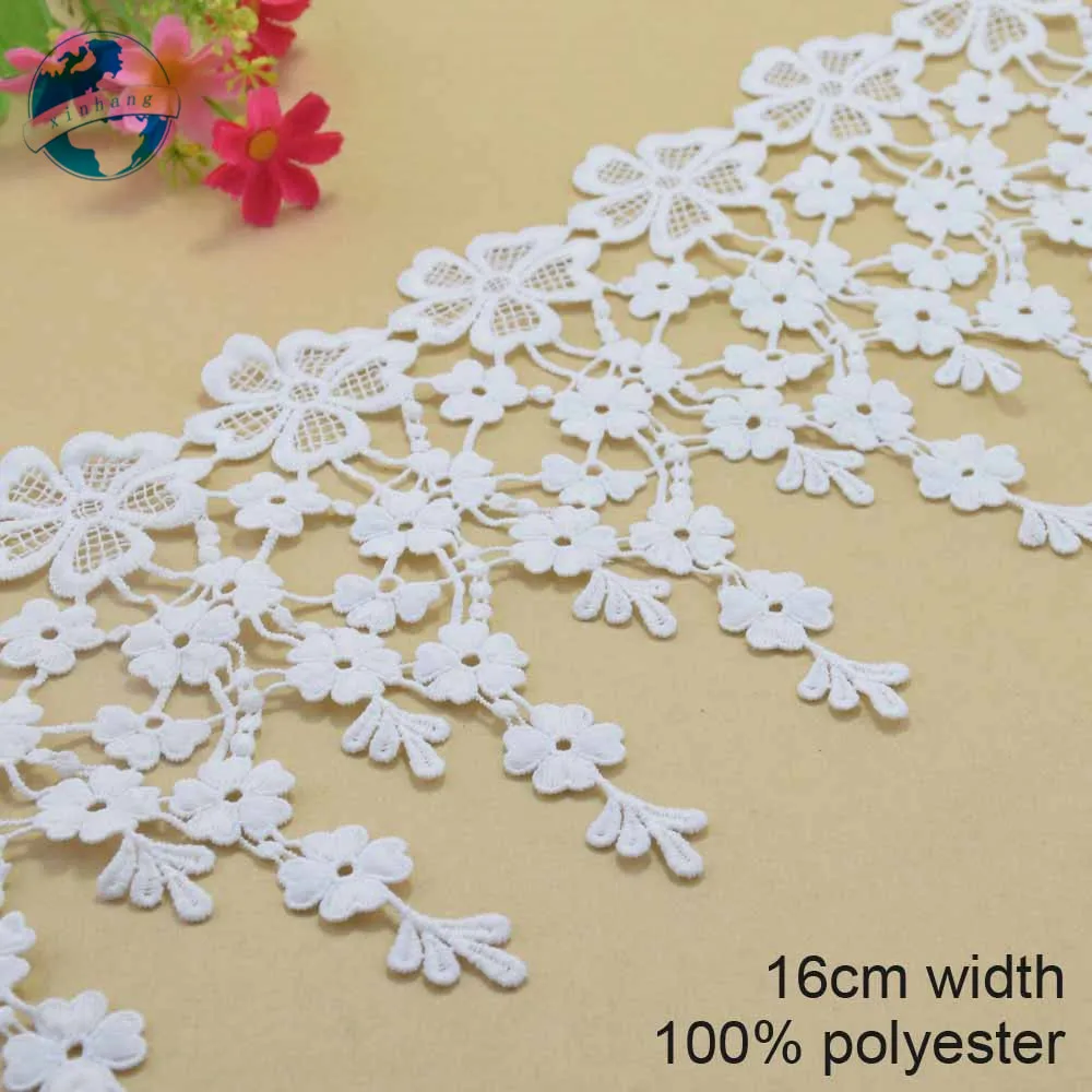 16cm Width White Polyester Embroidery Sewing Ribbon Guipure Lace Trim Fabric Warp Knitting DIY Curtain Garment Accessories#3698