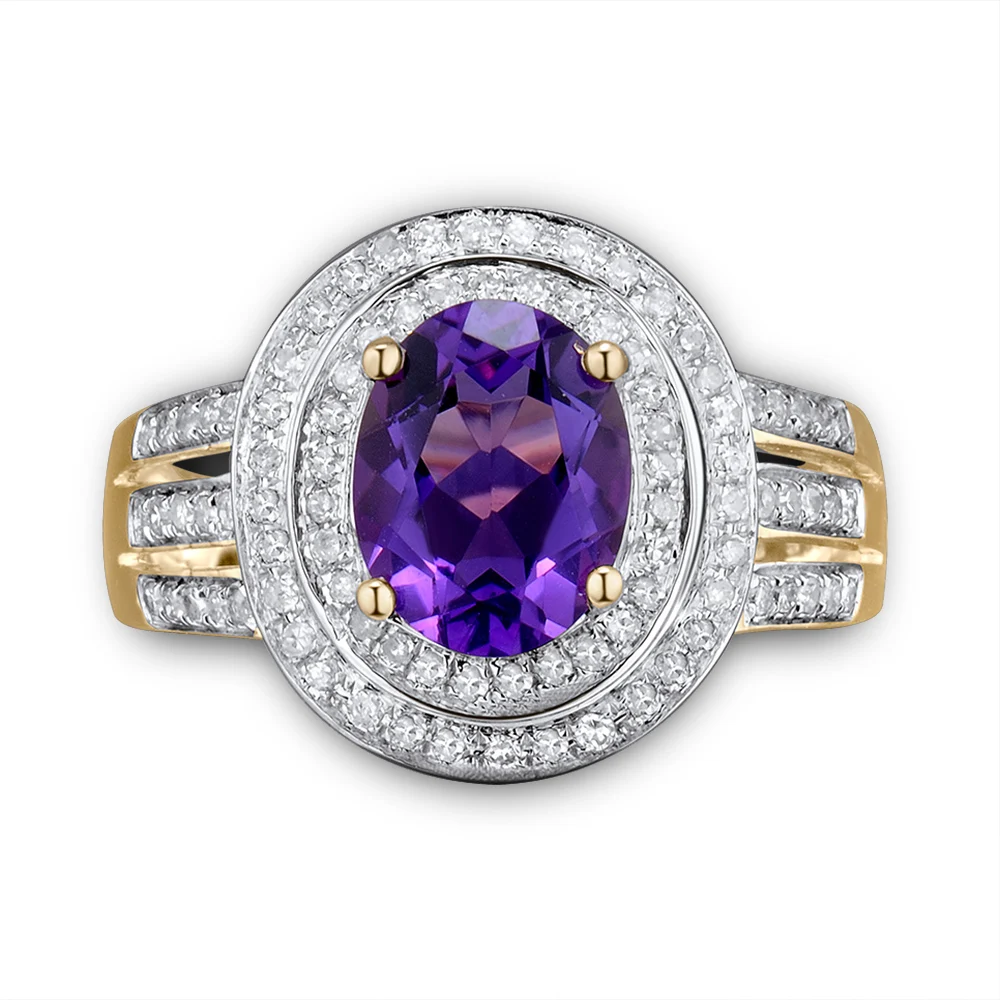 LOVERJEWELRY Women Rings Real 14Kt Yellow Gold Diamond Fine Jewelry Oval Natural Amethyst Rings Gift for Girlfriend Anniversary