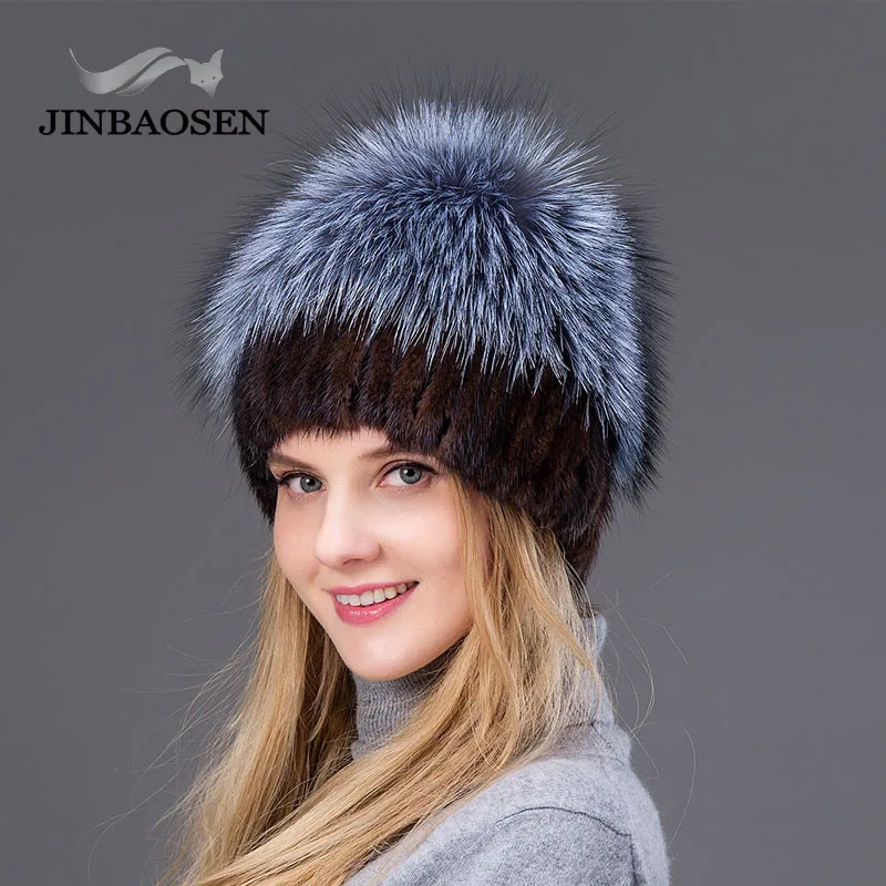 JINBAOSEN Women\'s Winter Mink Fur Hat Real Silver Fox Fur Warm Ski Cap Natural Fur Knit Fur Cap Brand Fashion Style