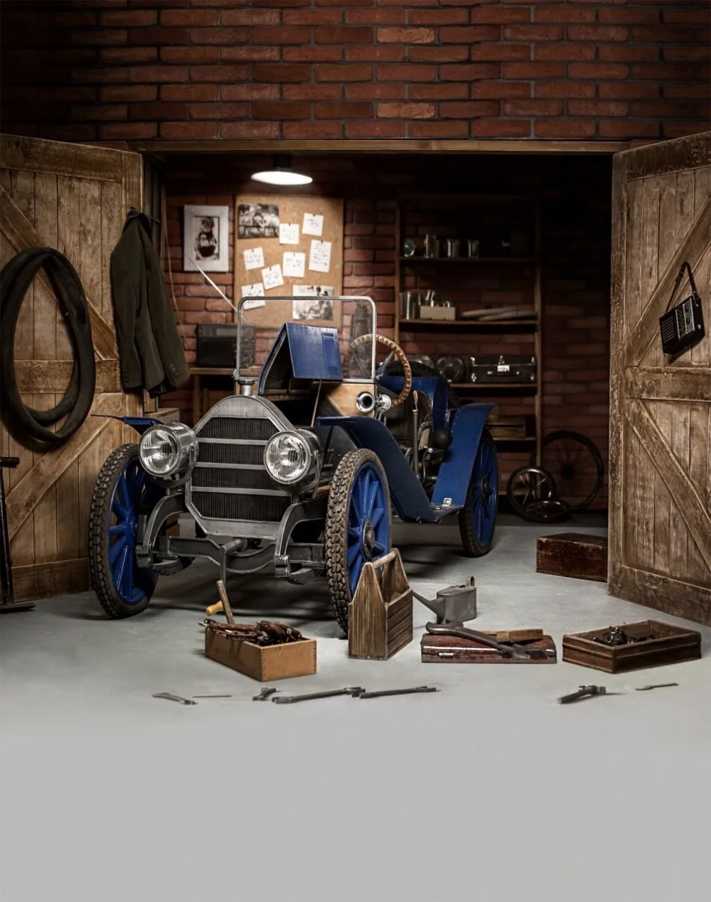 

Vintage Garage Photography Backdrop Printed Blue Car Wooden Door Brick Wall Repair Tools Baby Machinist Photo Shoot Backgrounds