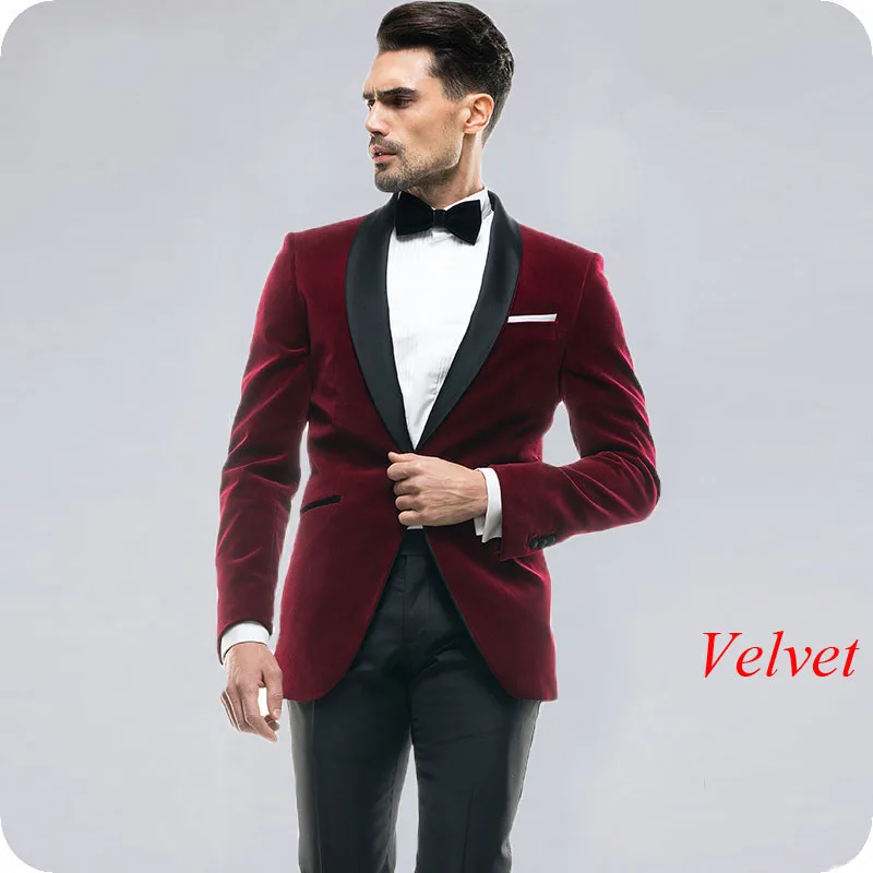 

Italian Smoking Jacket Burgundy Velvet Wedding Suits Men Black Shawl Lapel 2Piece Slim Fit Groom Tuxedo Man Blazer Costume Homme