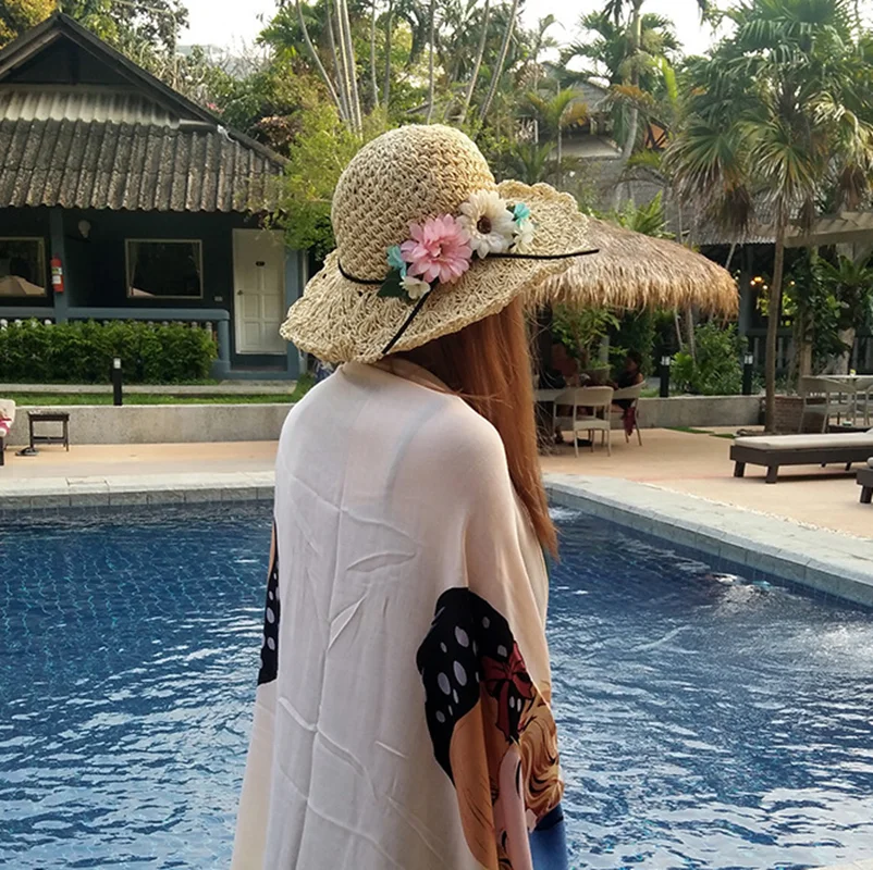 Sun Shade Hat Factory Direct Selling Parent-child Hand Crochet Flowers Straw Visor Hats Female Folding Beach Sunscreen Caps H101