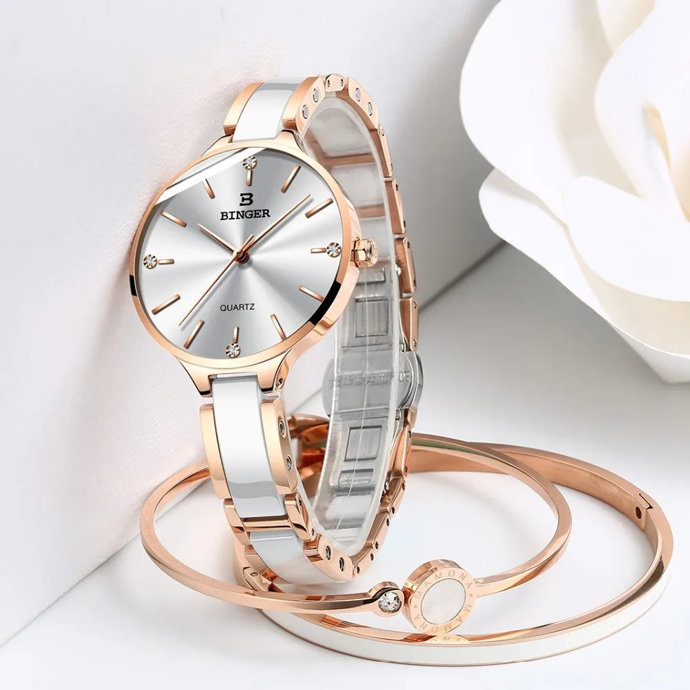 Relogio feminino Switzerland BINGER Women Watch Ceramic Band Sapphire Waterproof Luxury Rose gold Ladies Watch Brand Bracelets