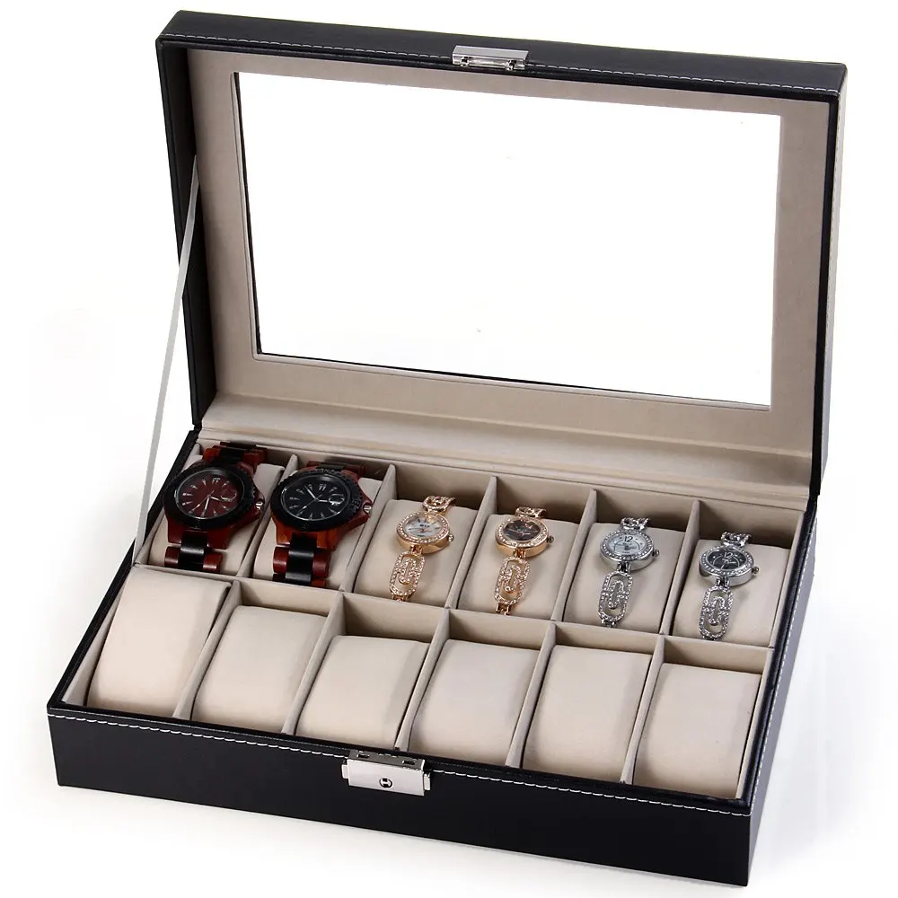 

Hot Sale Elegant Watch Box Jewelry Storage Holder Organized, 12 Grids PU Leather Display Box Watch Case cajas para relojes