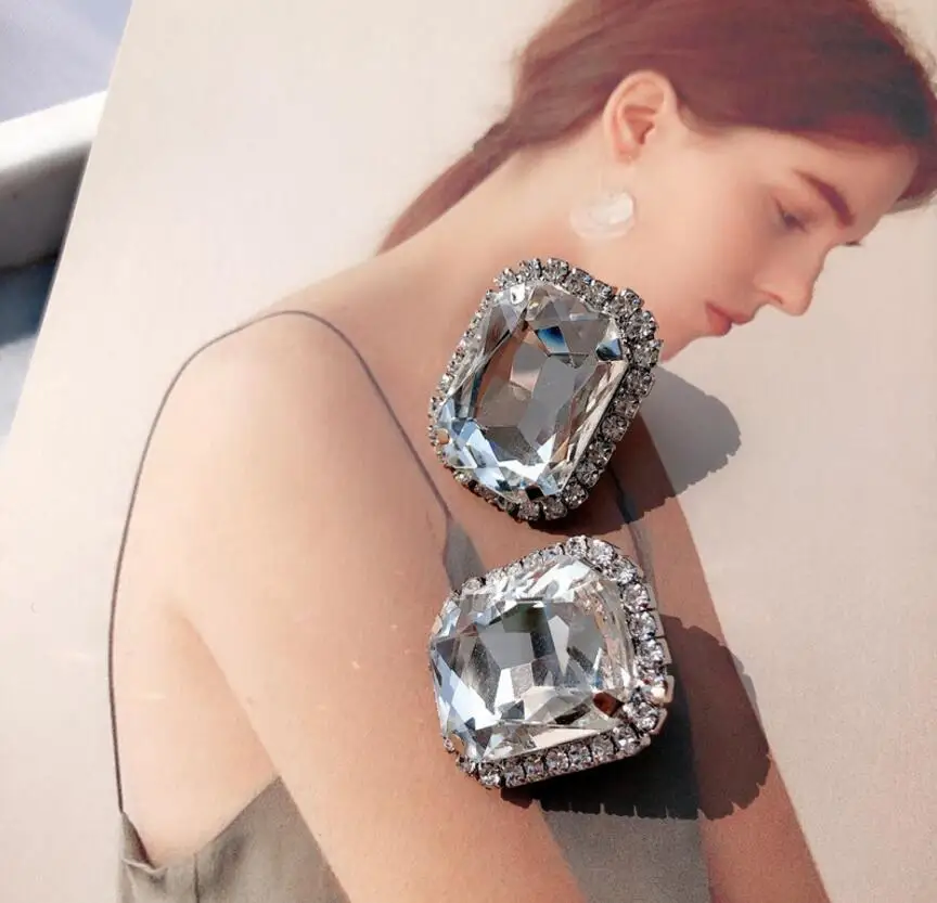 New Large Crystal Square big Stone Rhinestone stud Earrings For Women silvercolor Filled Big punk Earring Boucle D\'oreille Femme