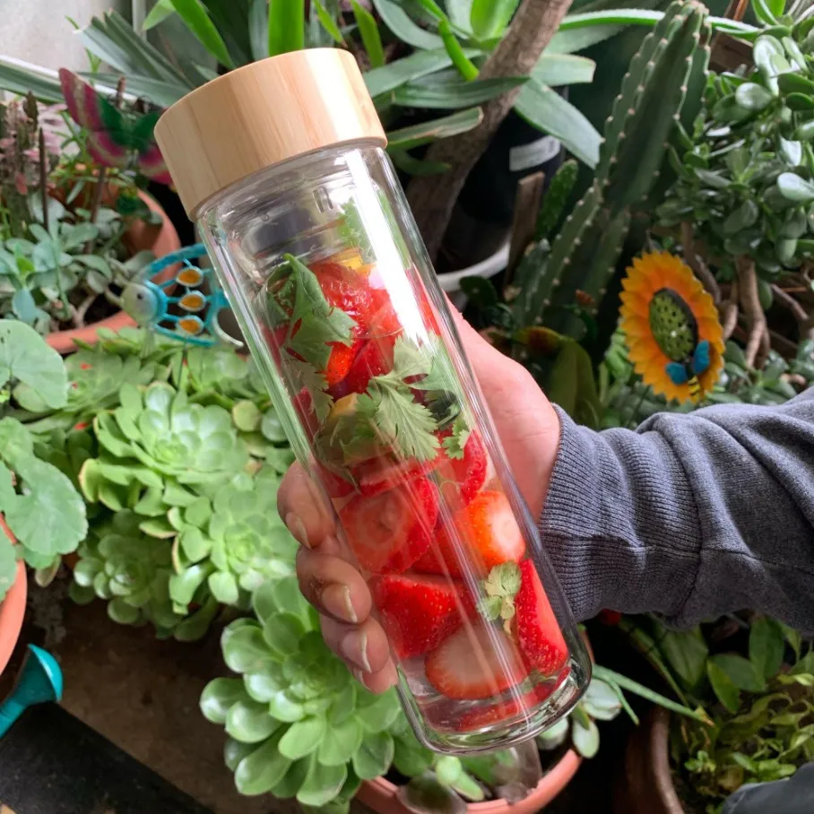 Fruit Tea Bottle Glass Bottle Water Bottle Infuser With Filter Strainer Borosilica Double Wall Drink Bamboo Lid Travel Drinkware