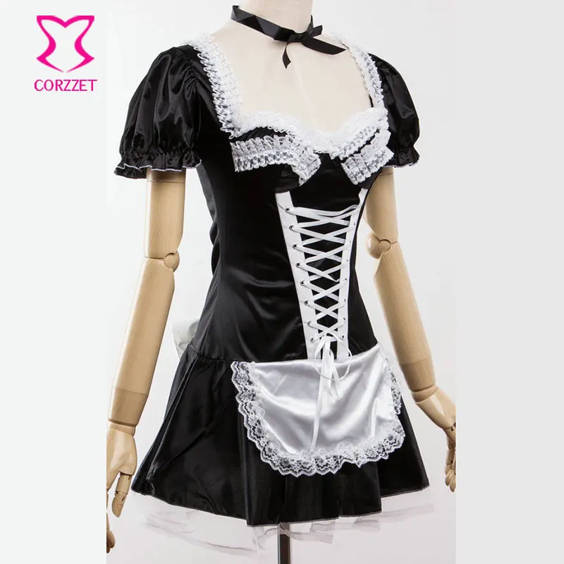 Zwarte Lolita Satijn Franse Maid uniform Jurk kawaii sexy cosplay kostuum anime Fantasia Carnaval Halloween Kostuums voor Vrouwen