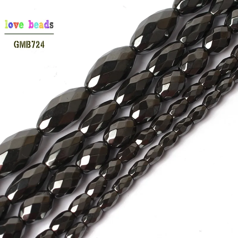 Natural Faceted Black Hematite Rice Shape Loose Beads for Jewelry Making Bracelet Healing Power 15\'\' 3x5/4x6/6x9/6x12/8x16mm