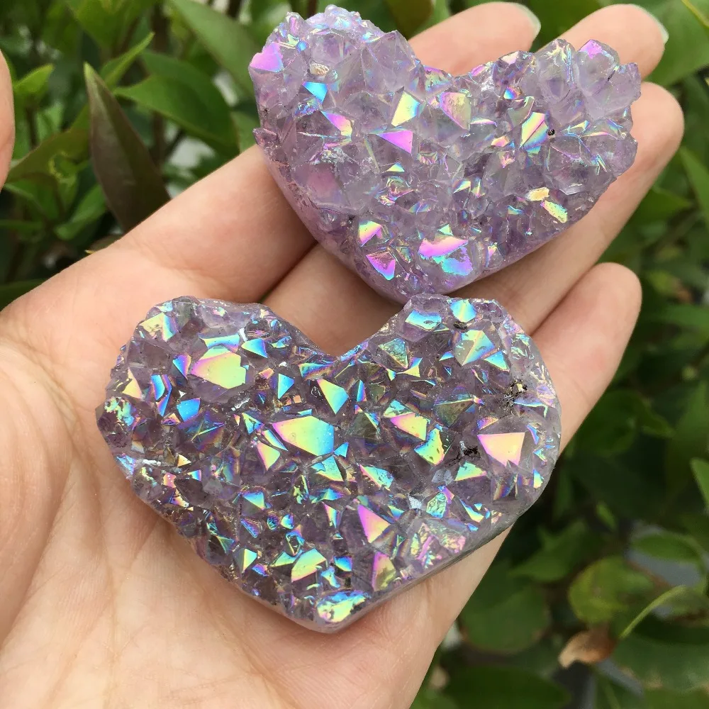 1pcs Amethyst Geode Heart Shaped Crystal Healing Crystals Stones Titanium Rainbow Aura Amethyst Cluster Angel Aura Quartz