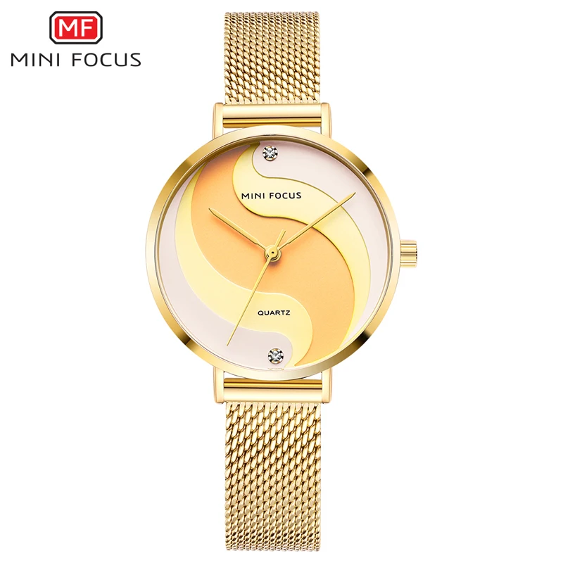 MINI FOCUS Mesh Strap Simple Business Quartz Watches Women Luxury Gold Wristwatch Top Brand Relogios Femininos Clock Lady 0291L