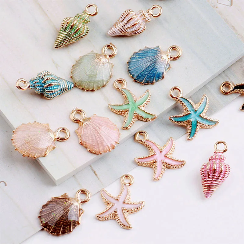 Dijes de esmalte de mar para pulsera y collar DIY, accesorios de joyería, concha de estrella de mar, Océano náutico colorido, diseño de moda, 10 piezas