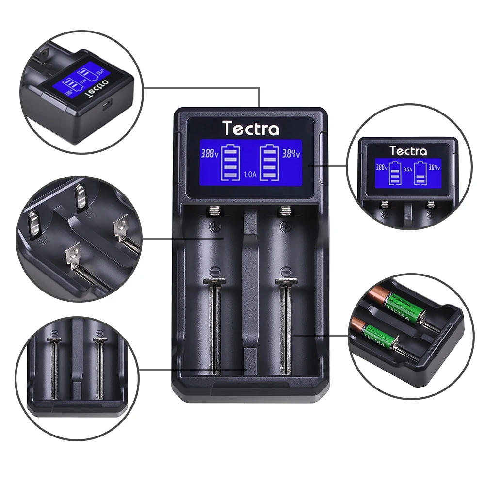 Tectra LCD Universal Intelligent USB Dual Charger AA AAA AAA C 26650 22650 21700 18650 17670 18500 Li-ion Battery Charger