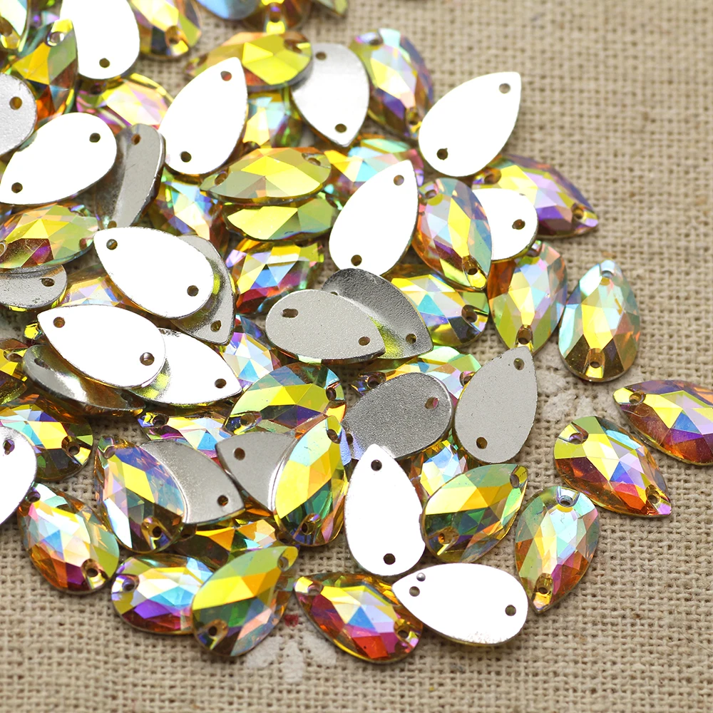 100pcs 7*12mm Gold AB Silver Base FlatBack Sew On Stone Droplet Resin Sewing On Rhinestone For Jewelry And Strass