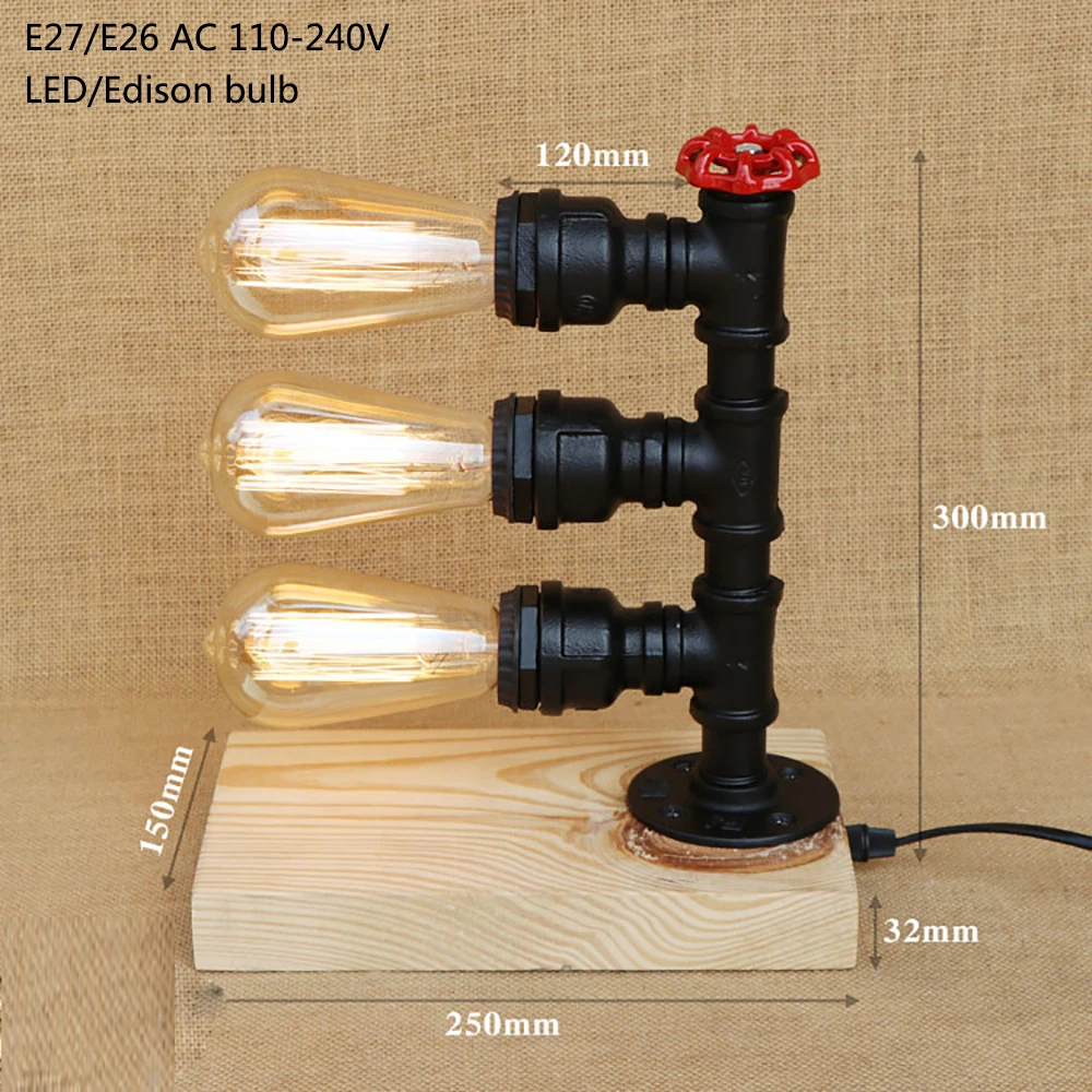

Vintage retro iron wood black water pipe steam punk table lamp with switch e27 / e26 led lights for bedroom bedside office study