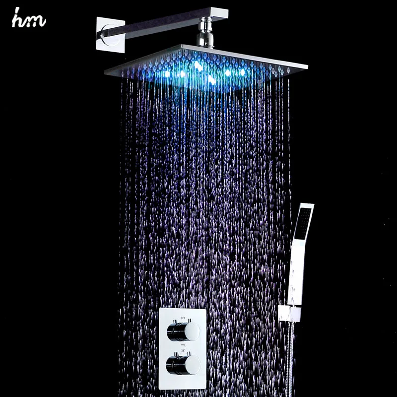 

hm 10" LED Shower Set Thermostatic Diverter Mixer Faucet Brass Square Rainfall Showerhead Bath Chrome Finished Tap System