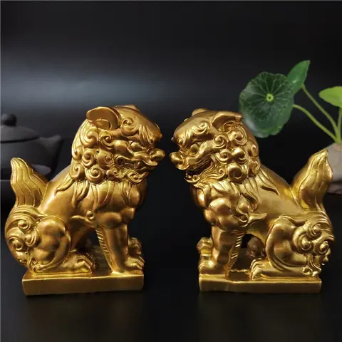 2Pcs Gold Fu Foo Dogs Lions Statue Sculptures Chinese Dragon Figurines Feng Shui Ornaments Garden Decoration Statues For Home