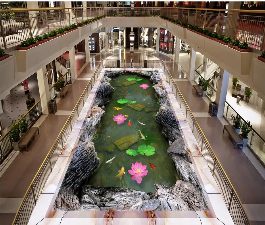 

Custom Floor 3D Wallpaper Modern Art Lotus pond stone 3D three-dimensional floor painting floor Self-adhesive PVC Wallpaper