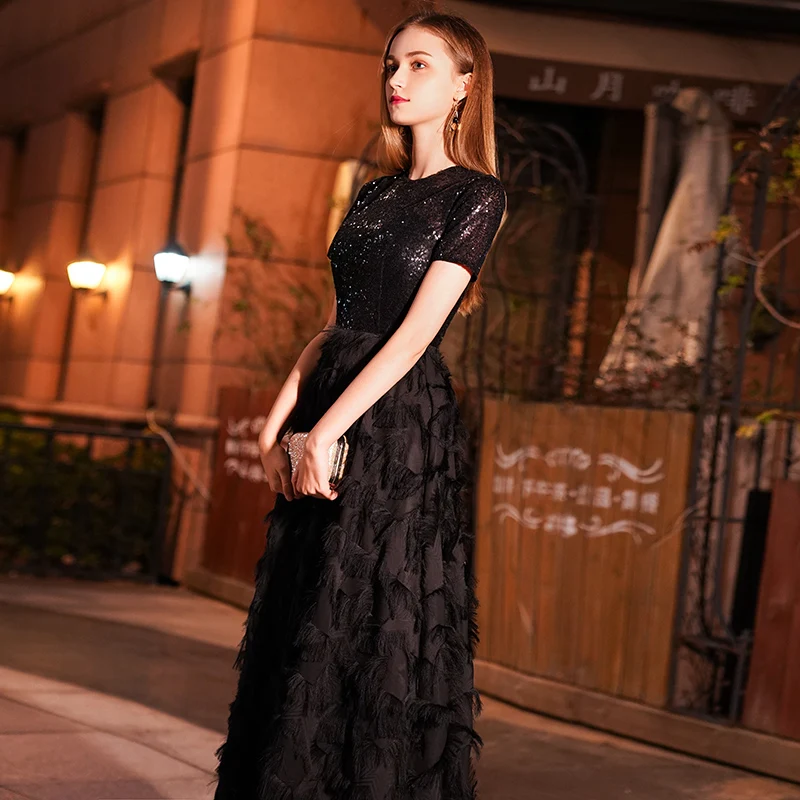 Customized Long Evening Dresses Women Elegant Sexy Lace O neck Long Evening Gown Black Sequined Dress robe de soiree WY1083