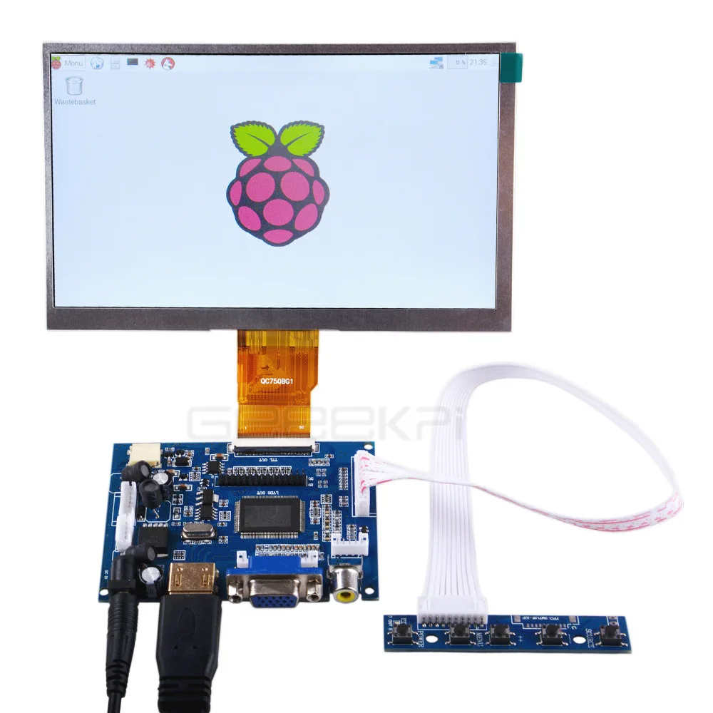 GeeekPi 7 Inch 1024*600 TFT LCD Monitor Screen + Driver Board HDMI VGA 2AV for Raspberry Pi 4 B / 3 / 2 Model B / PC Windows