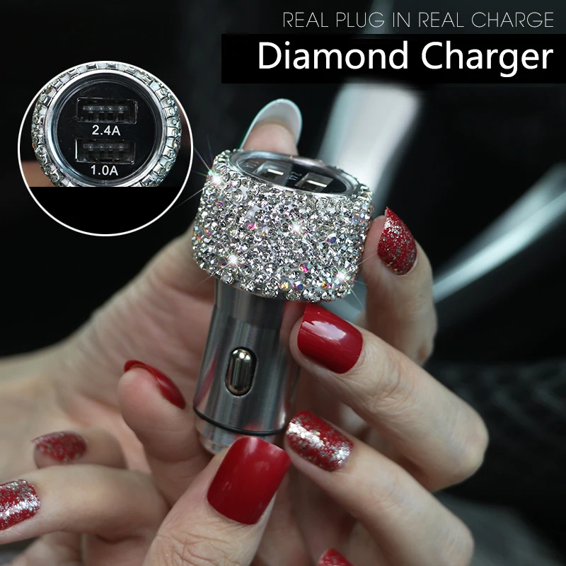 Diamond Crystal Dual USB Car Charger With LED Display Cigarette Lighter Universal Mobile Phone Car Data Cable for Xiaomi iPhone