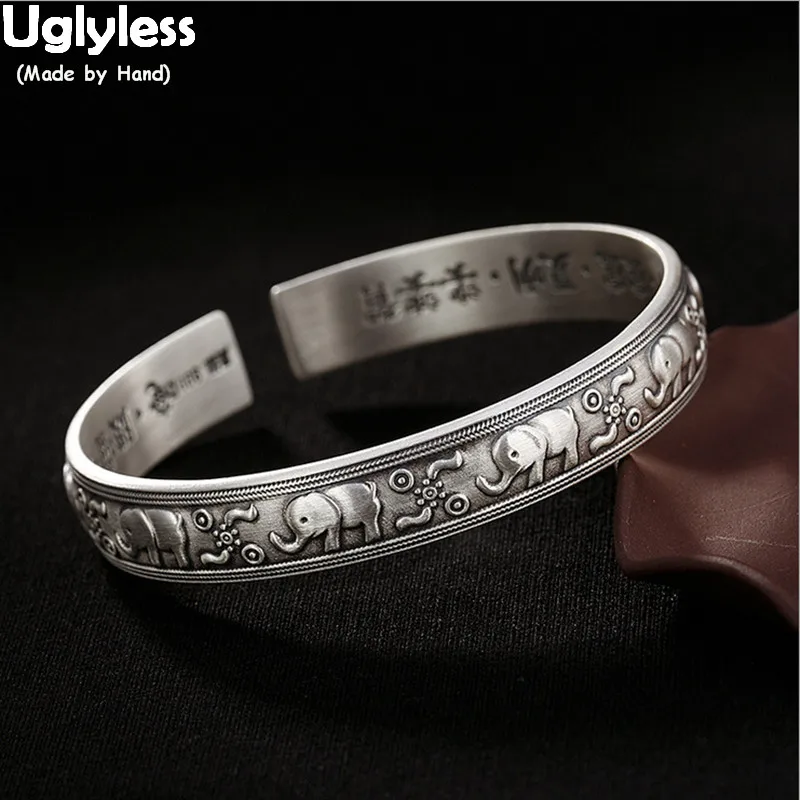 Uglyless Elephant Never Forgets 99.9% Full Silver Elephants Bangles for Women Thai Silver Animal Open Bangle Exotic Fine Jewelry