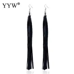 Vintage Black PU Leather Long Tassel Earrings for Women Female  Zinc Alloy Iron Hook Dangle Earrings Statement Party Jewelry