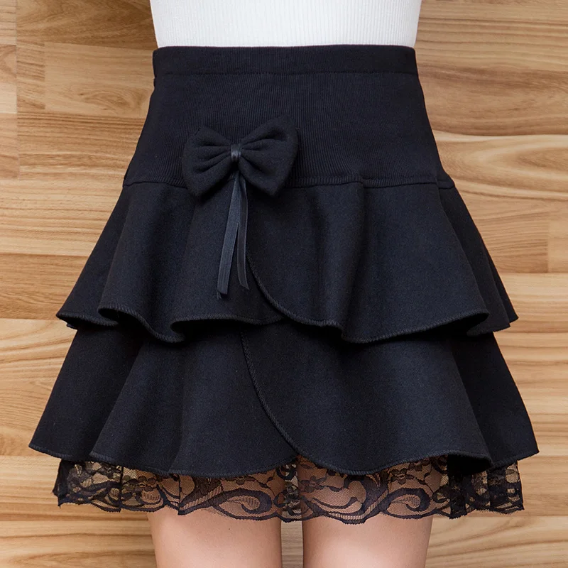 Zuolunouba Spring Autumn England Style Lace Half-length Skirt Women A-line High-waist Elasticity Wool Black Short Skirt Lady