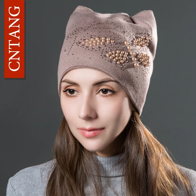 CNTANG Winter Knitted Velvet Warm Hats Cute Cat Ears With Butterfly Skullies Beanies Women Fashion Caps Casual Hat For Female