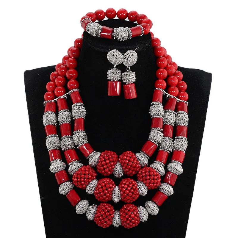 

Trendy NEW African Red Coral Jewelry Sets for Women Red/Silver Indian Bridal Coral Beads Necklace Set for Wedding ABH777