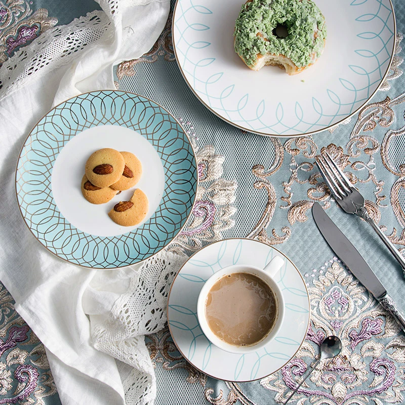 Elegant Blue Western Bone China Dinnerware Set, Ceramic Steak Dinner Plates, Dishes Set with Coffee Mug, Tea Cup