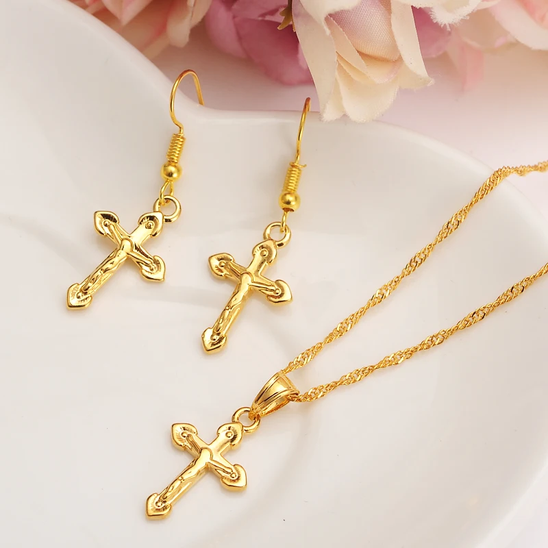 Special Design Christian Vogue True Real 24K Solid Fine Gold GF Crucifix Cross Timeless Charm Earrings Pendant Chain Set