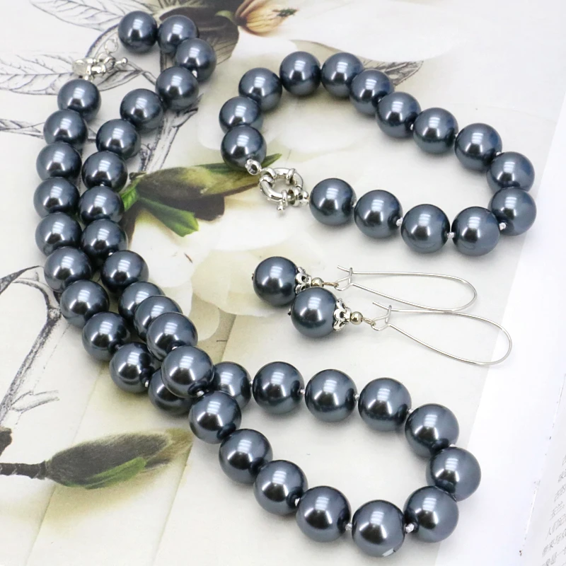 

Dark Grey Glass Pearl Necklace Set 12mm Necklace 18"Bracelet 7.5" Earring Women Jewelry Making Design Wholesale And Retail