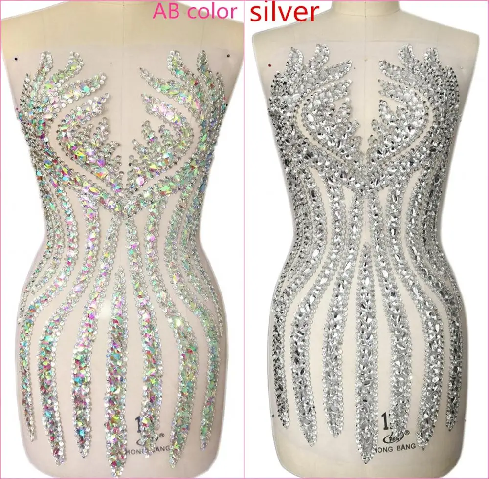 

Custom Hand Made Silver AB Sew on Rhinestone Crystal Beaded Tailored Emboridery Applique Patch For Sewing Costumes Wedding Dress