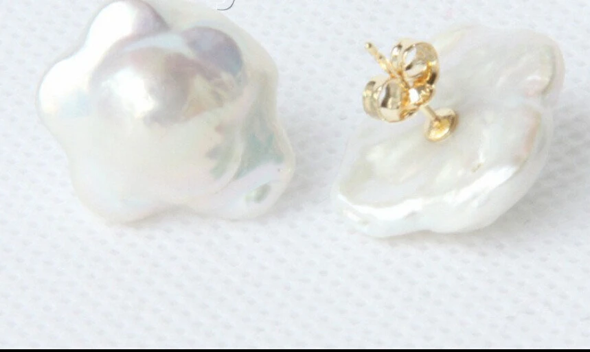 FREE shipping  Genuine Stud 16mm white Reborn keshi pearls Earring solid gold post e2011