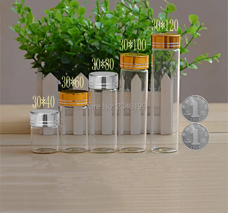 

50pcs D30mm Clear Empty Glass Bottle Test Tube With Gold Silver Cap Essential Oil Jars Lab Supply Sealing Packaging Bottles