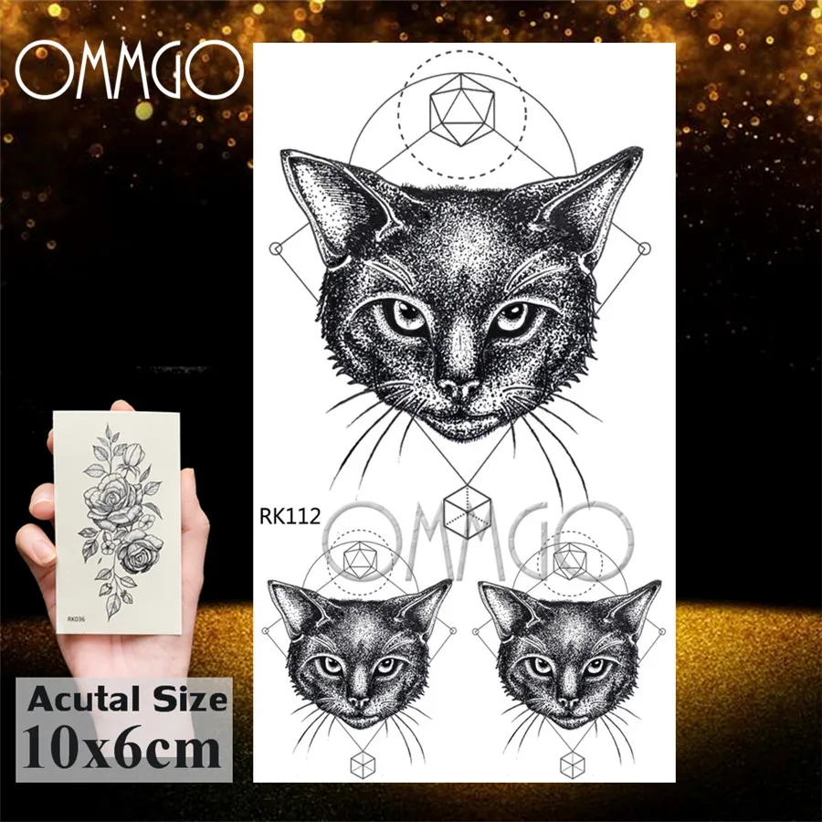 OMMGO Geometric Cat Line Temporary Tattoos Sticker Diamond Black Small Custom Tattoo DIY Body Art Wrist Fake Tatoos Women Men
