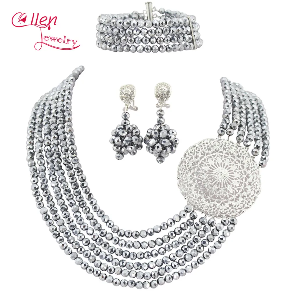 Silver  African Nigerian style Wedding Crystal Beads jewelry set Wedding bridal Bracelet Earrings necklace Jewelry set WS5600