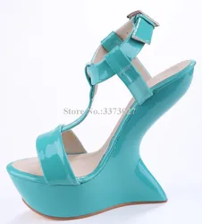 New Patent Leather Candy Color Strange Style Heels Wedge Sandals Woman Super Heels Platform Sandals Fashion Party Shoes