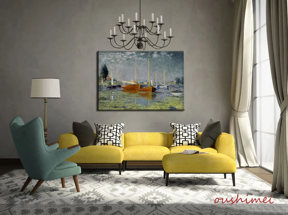 Impressionist Reproduce Oil Painting of Monet's Red Boats Picture on Canvas Handmade Famous Painting Landscape