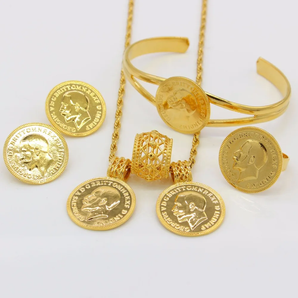 Adixyn Gold Color Coin Jewelry Set Ethiopian Necklace Pendant/Earrings/Ring/Bangle Habesha Wedding Eritrea/Africa Gift