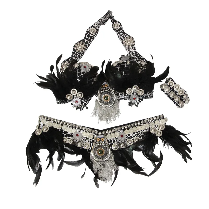 

ATS 2019 Women Tribal Belly Dance Clothes 3 Pieces Outfit Set Antique Bronze Crocodile Print Bra Belt Gypsy Dance Plume Costume