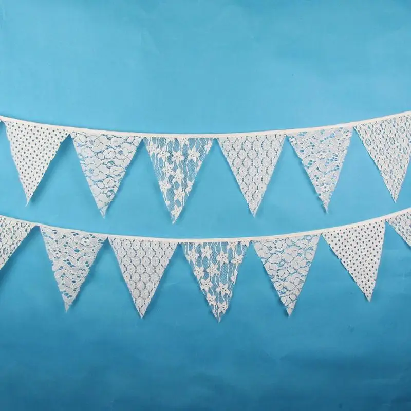 Vintage Trang Trí Đám Cưới Bunting Mộc Mạc Váy Lót Biểu Ngữ Ren Trắng Vải Cờ Đuôi Nheo Vòng Hoa Dự Tiệc Cung Cấp 3.2M 12 Lá Cờ
