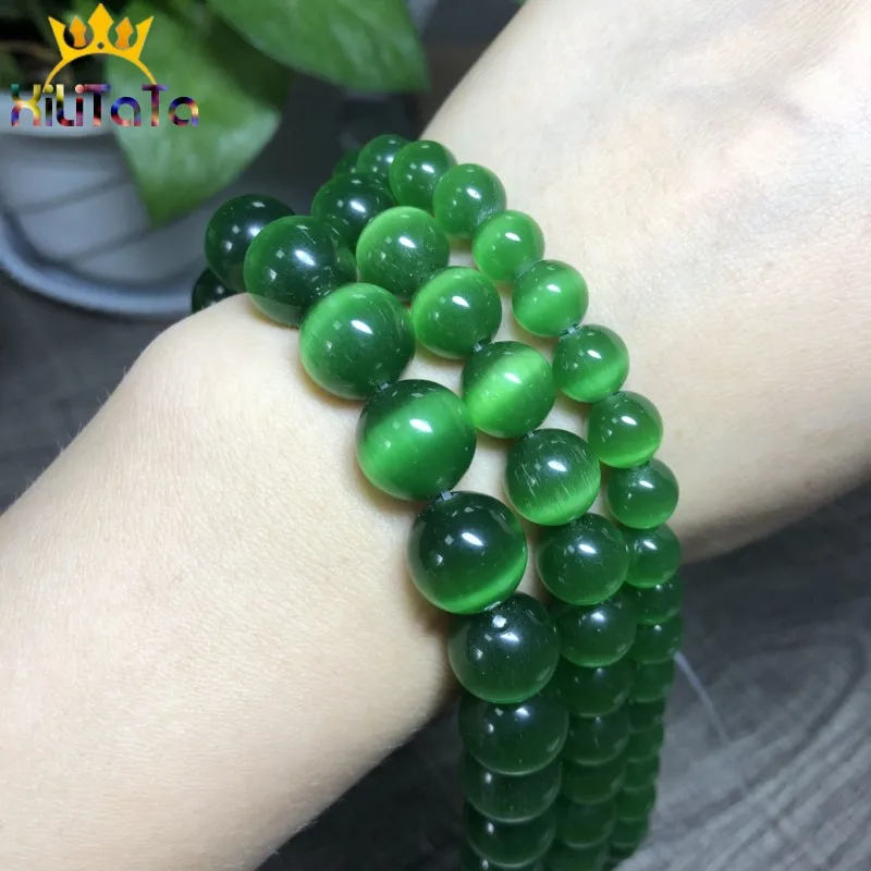 4-12mm AAA Dark Green Cat Eye Beads High Quality Smooth Round Loose Beads For Jewelry Making Opal Stone DIY Charm Bracelets 15\