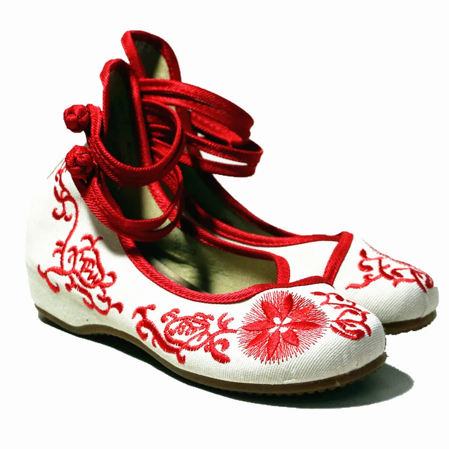 Chinese Ethnic Style Floral Totem Embroidered Height Increase Wedges Shoe Trendy Mary Jane Round Toe Vintage Casual Pumps Shoe