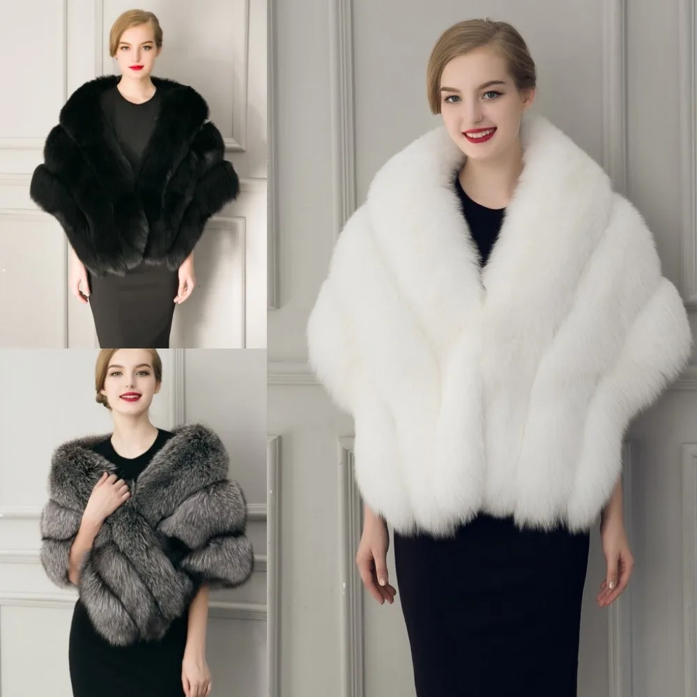 Bridal Faux Fur Wraps Winter Wedding Coat  Warm Big shawls Outerwear Black Gary Shrug Women Jacket Prom