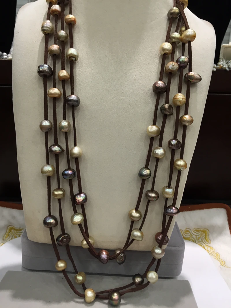 10-11MM Baroque Brown mix color Long pearl necklace multilayer leather 80CM casual magnet clasp fashion women jewelry