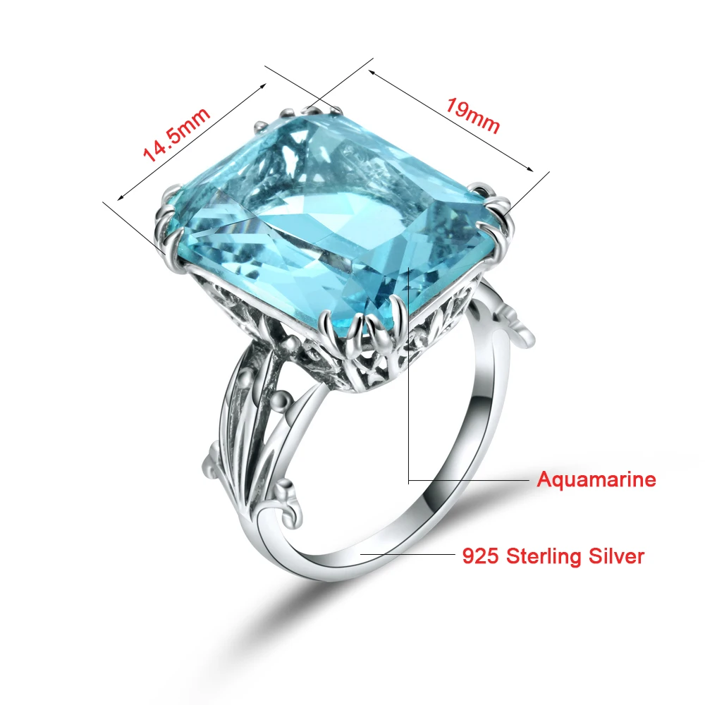 Luxury Square Charms Handmade Vintage Women\'s 925 Sterling Silver Birthstones Sky Blue Crystal Wedding Ring Brand Jewelry